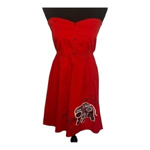 Judith March Red Strapless dress Sz M Fit And Flare Elephant Embroidered Bama